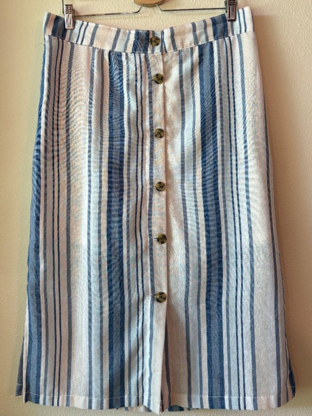 Linen Blend Midi Summer Skirt Blue White Vertical Striped Pockets M / L Capsule - Picture 4 of 12